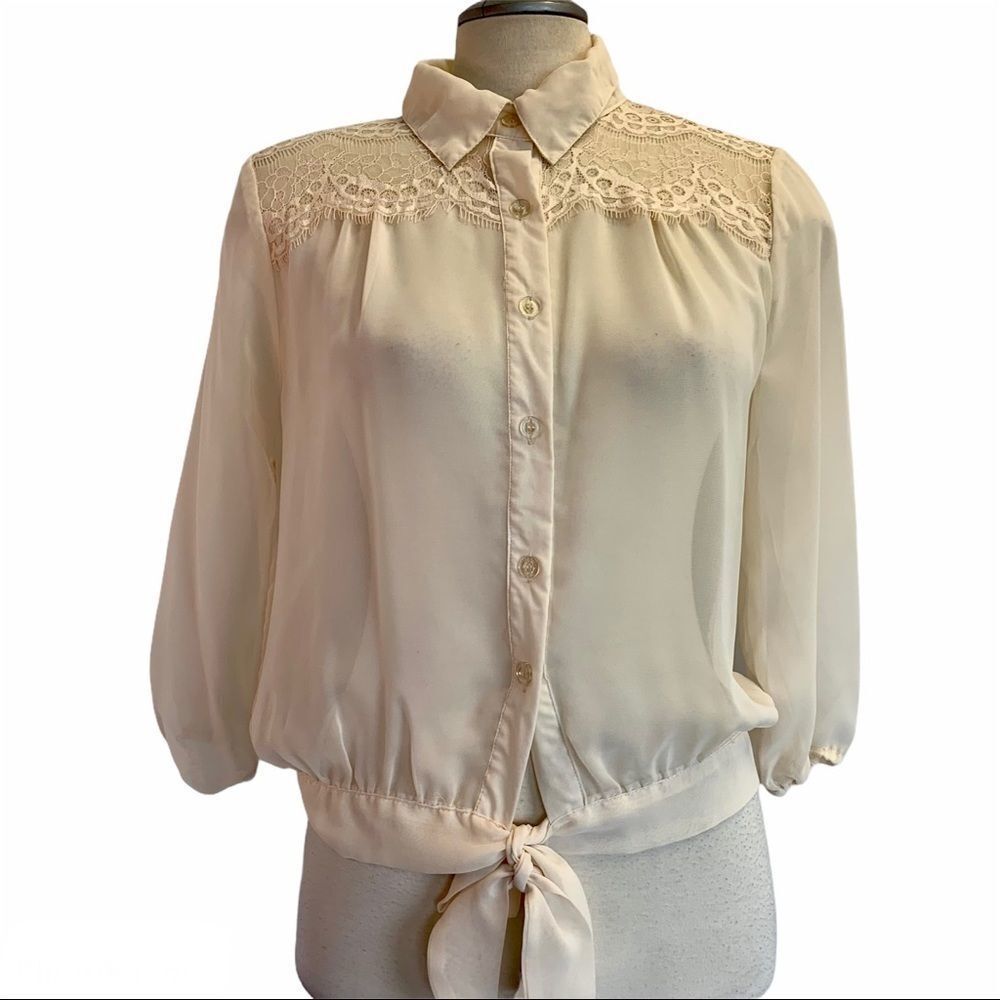 Cream chiffon lace button down Front tie blouse L - Picture 1 of 5